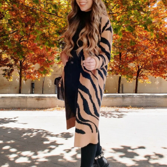 Leith tan Dale Zebra open front long line duster cardigan size XS - Picture 8 of 8